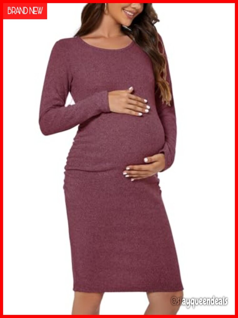 Knit Maternity Dress Long Sleeve Ribbed Bodycon Knee Length Pregnancy